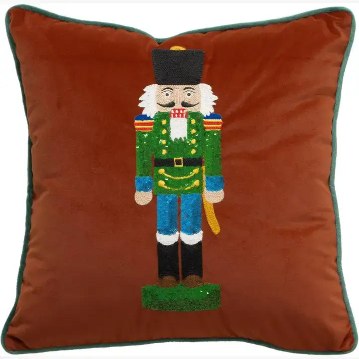 Rust Velvet Embroidered Nutcracker 18" Throw Pillow
