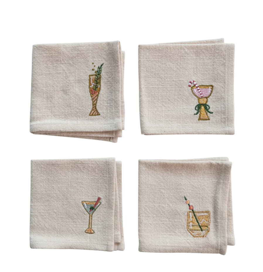 Cocktail Napkins w/ Embroidered Holiday Cocktail, Set of 4