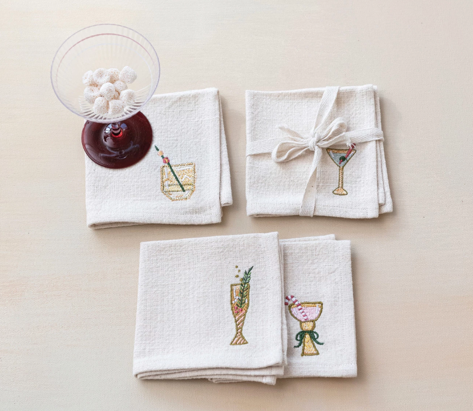 Cocktail Napkins w/ Embroidered Holiday Cocktail, Set of 4
