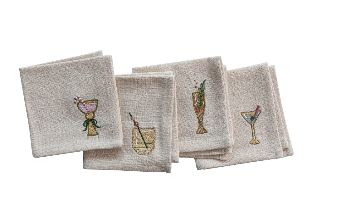 Cocktail Napkins w/ Embroidered Holiday Cocktail, Set of 4