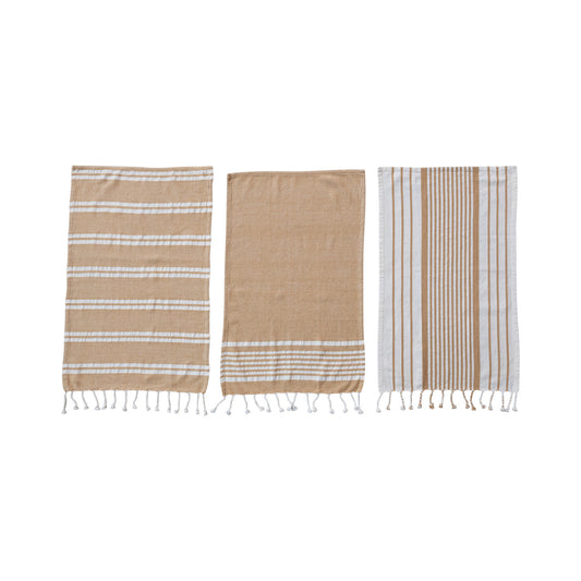 Woven Cotton Yarn Dyed Kitchen Towel w/ Stripes & Tassels, 3 Styles
