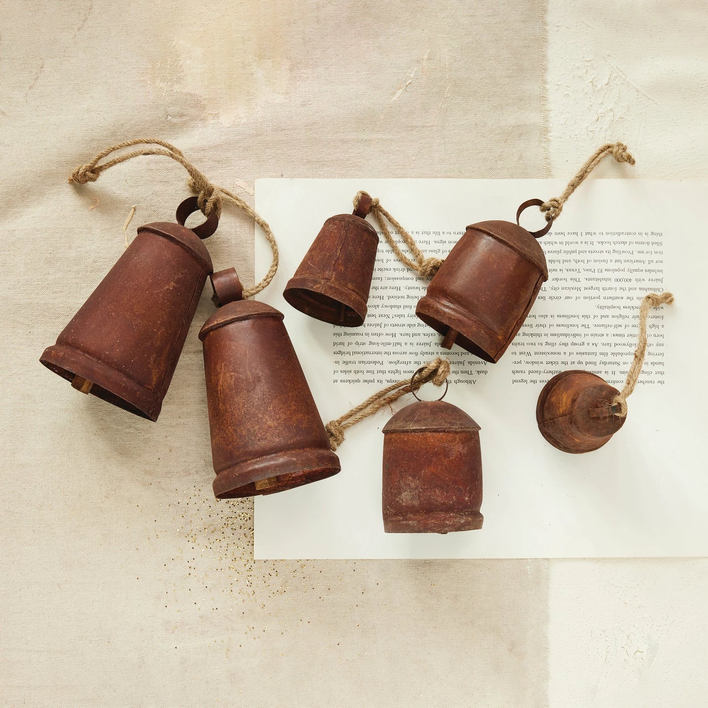 Metal Bell Ornament with Jute Hanger, Distressed Rust Finish