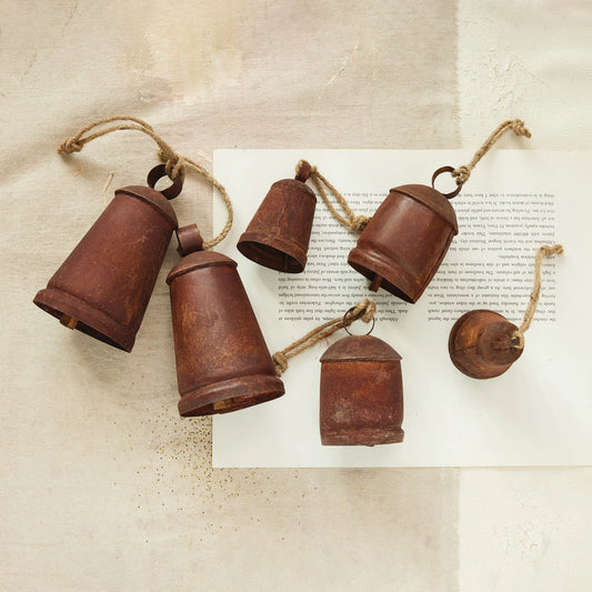 Metal Bell Ornament with Jute Hanger, Distressed Rust Finish