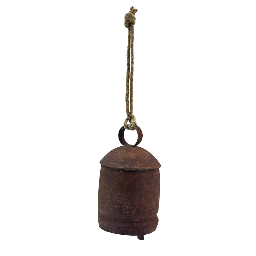 Metal Bell Ornament with Jute Hanger, Distressed Rust Finish