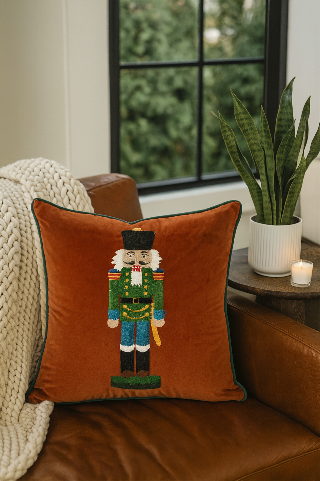 Rust Velvet Embroidered Nutcracker 18" Throw Pillow