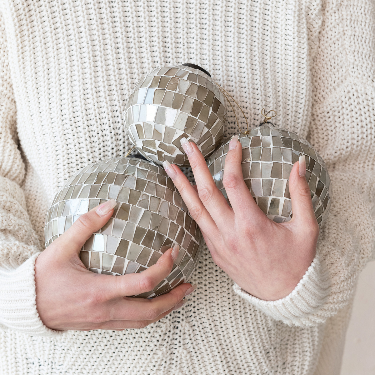 Round Glass Mosaic Ball Ornament, Taupe & Cream Color