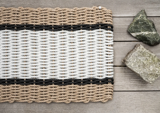 The Rope Co. Doormat, Sand with Fog Gray +Two Charcoal Stripes