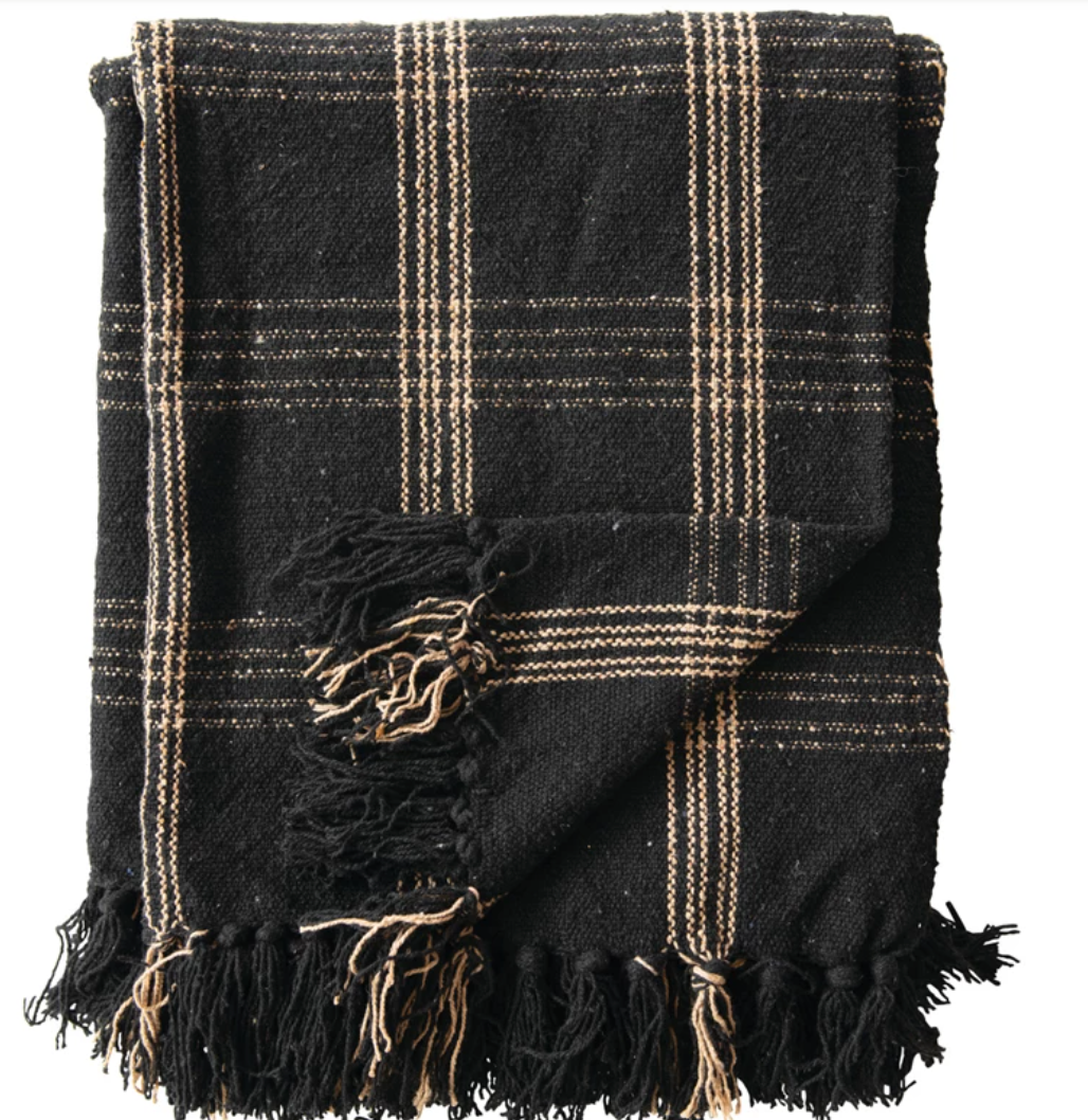 Woven Cotton Blend Throw with Fringe