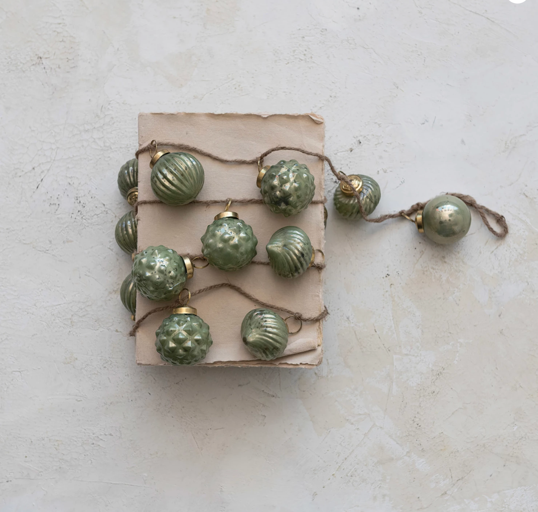 Recycled Mercury Glass Ball Ornament Garland w/ Jute Cord, Olive Green