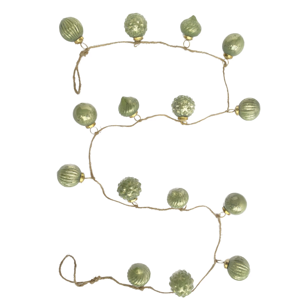 Recycled Mercury Glass Ball Ornament Garland w/ Jute Cord, Olive Green