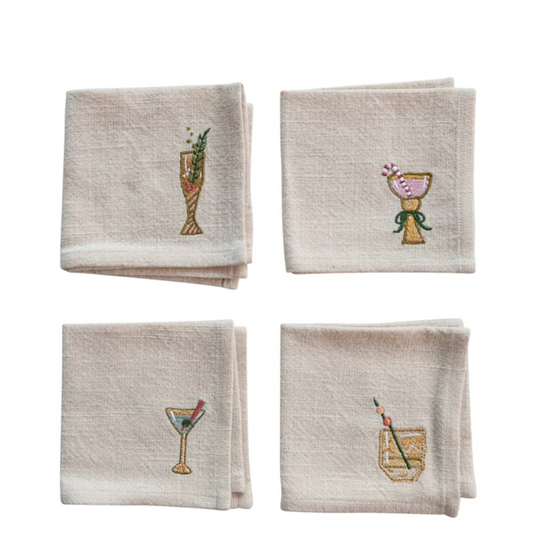 Cocktail Napkins w/ Embroidered Holiday Cocktail, Set of 4