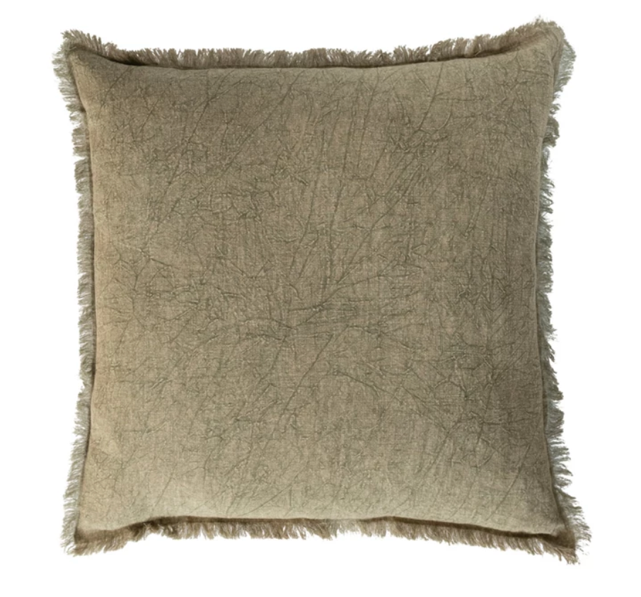 Stonewashed Linen Pillow w/ Fringe, Olive, 20x20