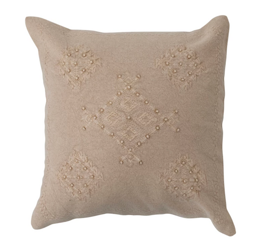 Woven Cotton Pillow w/ Embroidery & French Knots, 18"