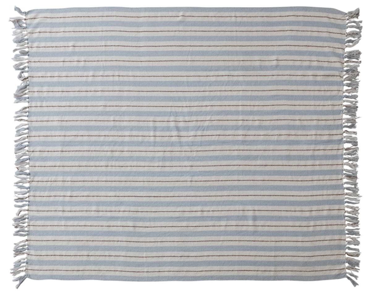 Woven Cotton Blend Striped Throw w/ Fringe