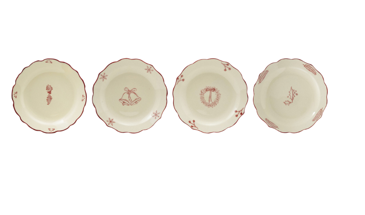 Stoneware Holiday Scalloped Plate, White & Burgundy, 4 Styles