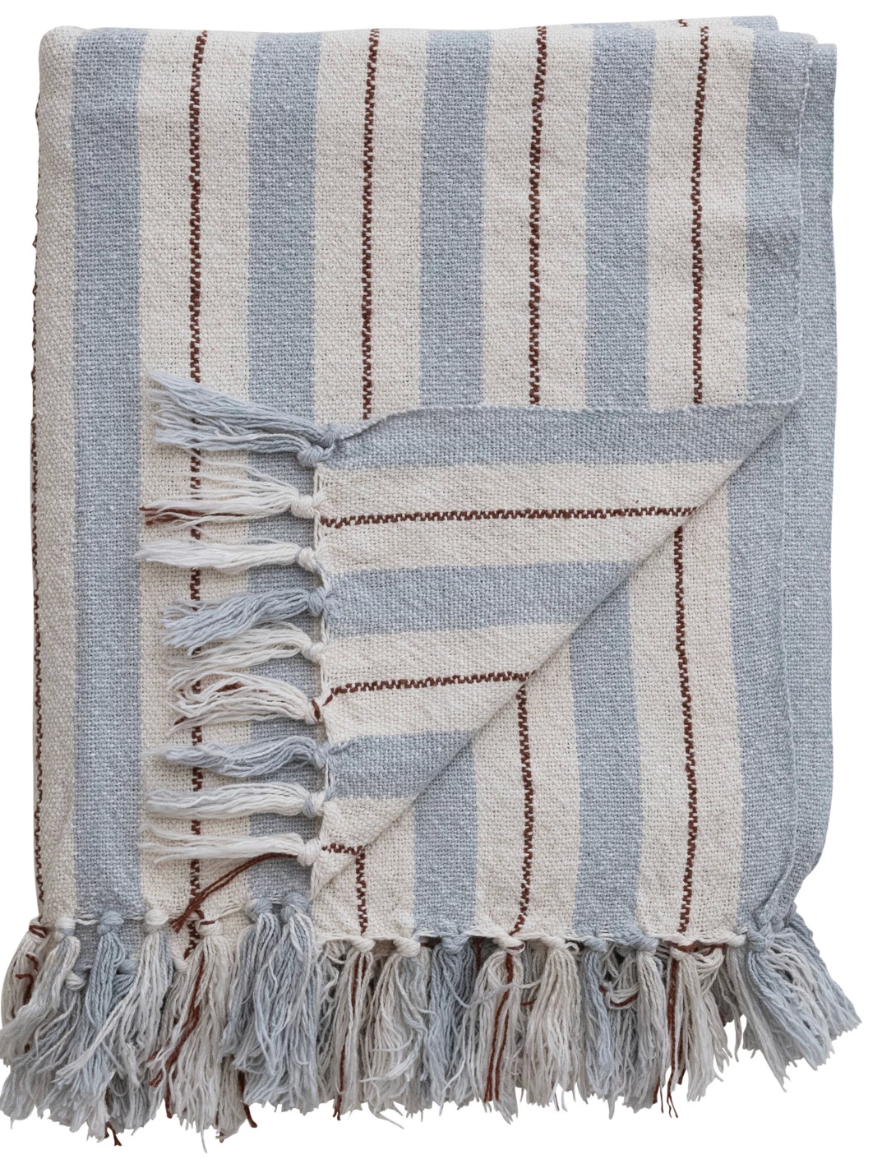 Woven Cotton Blend Striped Throw w/ Fringe