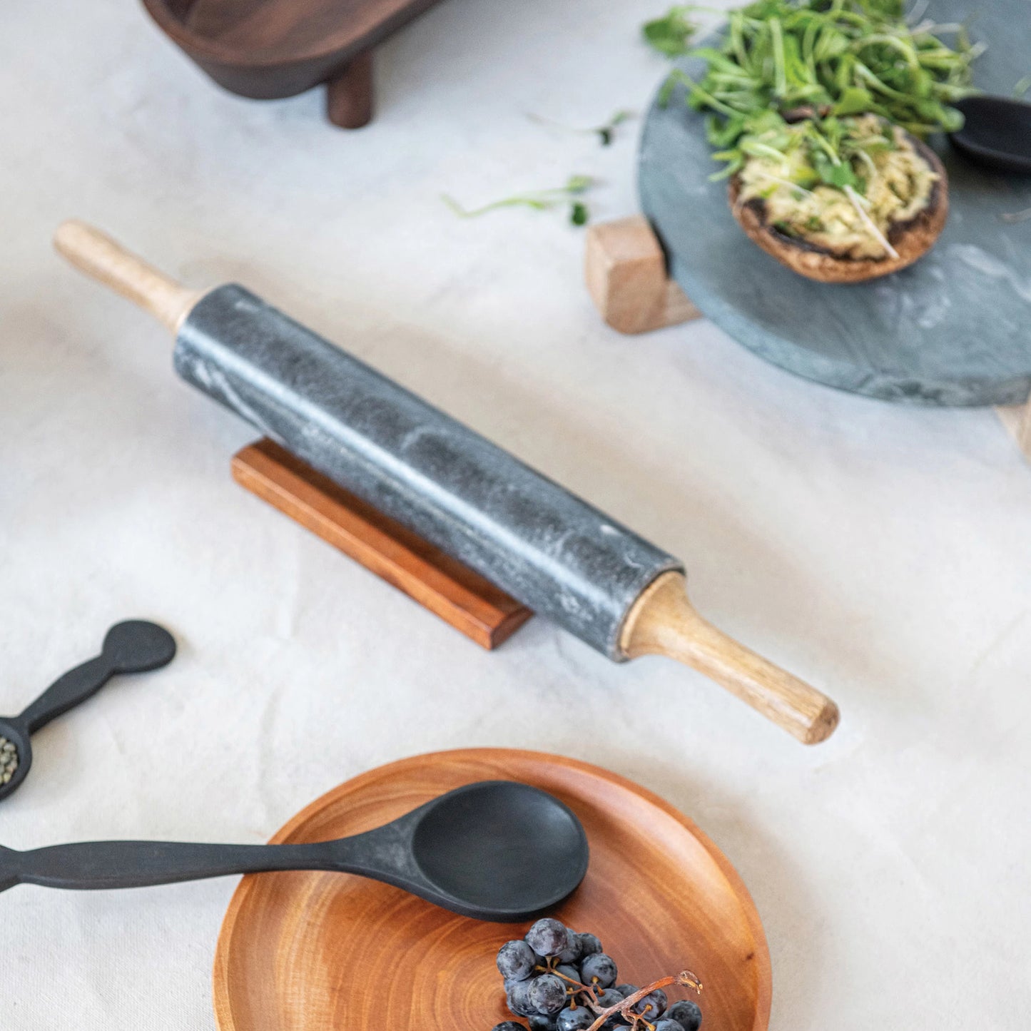 Marble Rolling Pin with Handles + Holder