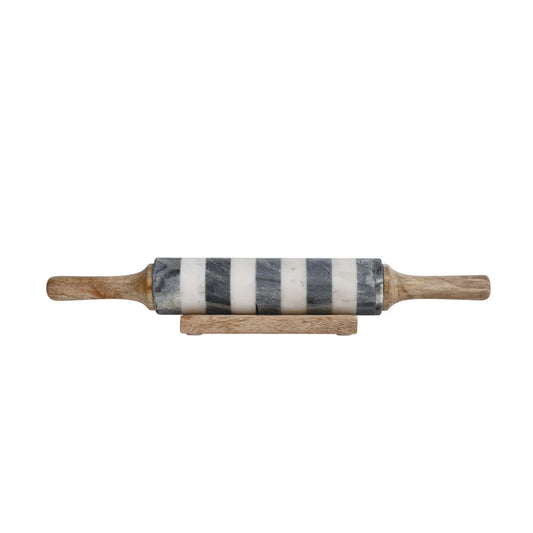 Striped Marble Rolling Pin with Handles + Holder