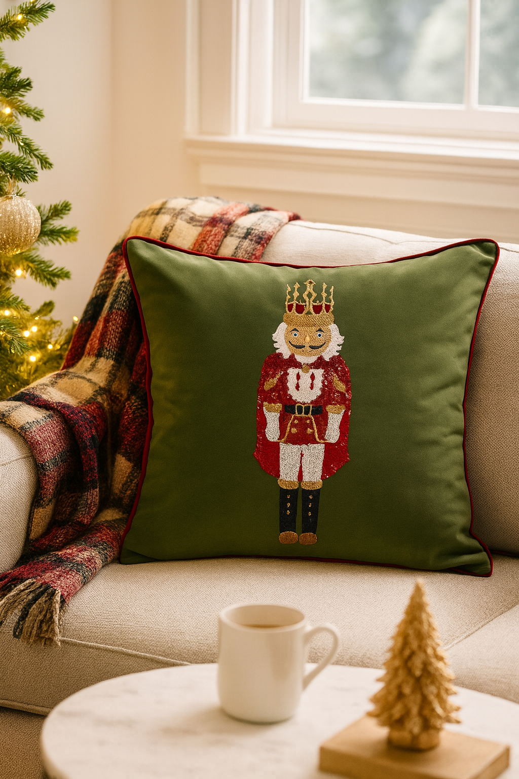 Moss Velvet Embroidered Nutcracker 18" Throw Pillow