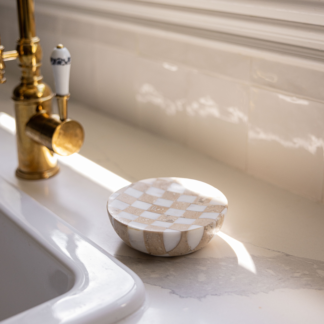 Checkered Travertine & Marble Soap Dish